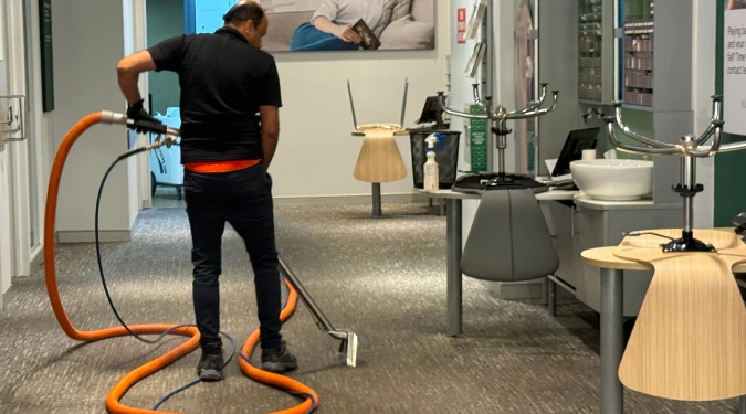 Man doing carpet stream cleaning