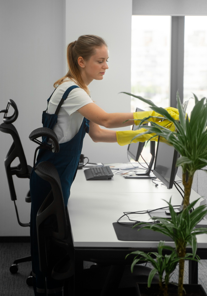 Professional cleaning team servicing corporate office building